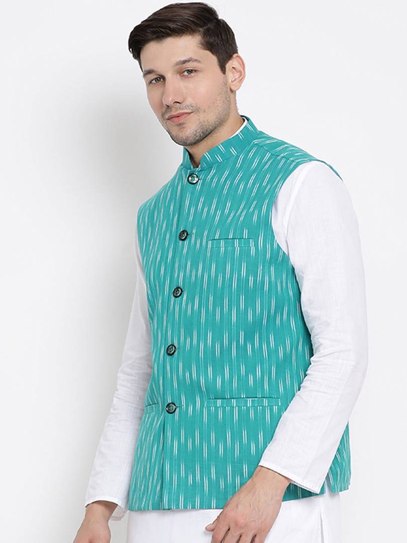 Men's Turquoise 
Cotton Blend
 Woven Design Nehru Jackets